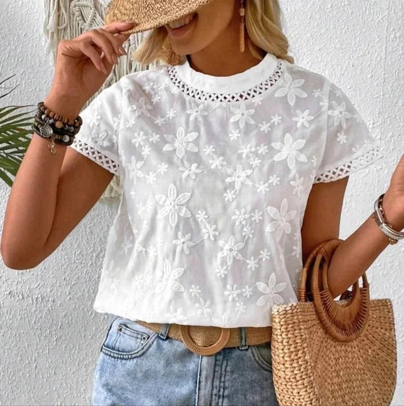 Women Summer Stand Collar Floral Jacquard Short Sleeve Loose Shirt - Picture 1 of 8